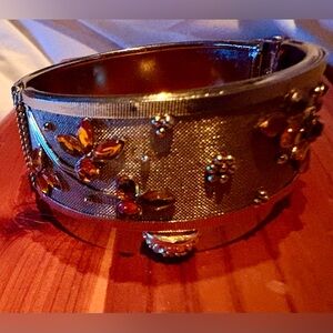 Vintage Mesh Bracelet, Mid Century Glam, Gold Tone Amber Crystal Flowers